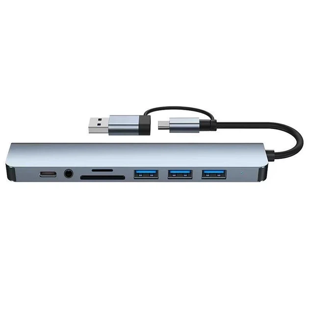 USB хаб 8в1 USB-3.0, USB-2.0, USB-C, SD/TF, 3.5, PD, передача даних - Фото 2 USB хаб 8в1 USB-3.0, USB-2.0, USB-C, SD/TF, 3.5, PD, передача даних - зображення 2