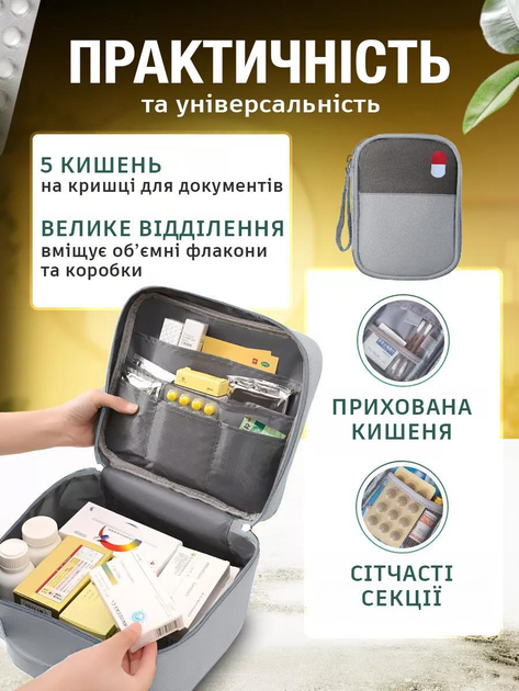 Аптечка сумка медична домашня дорожній органайзер для таблеток UnA компактна переносна набір 3в1 таблетниця для зберігання бадів контейнер сірий (164.0031) - зображення 2