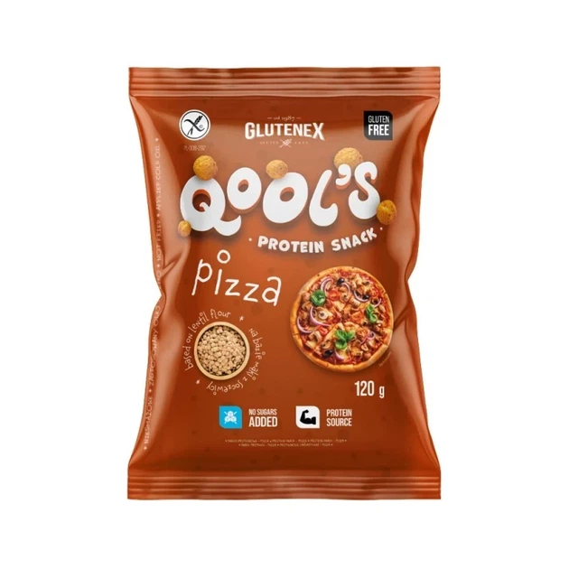 Снеки протеїнові без глютену зі смаком піци Qool`s Glutenex 120 г - Фото 1 Снеки протеїнові без глютену зі смаком піци Qool`s Glutenex 120 г - зображення 1