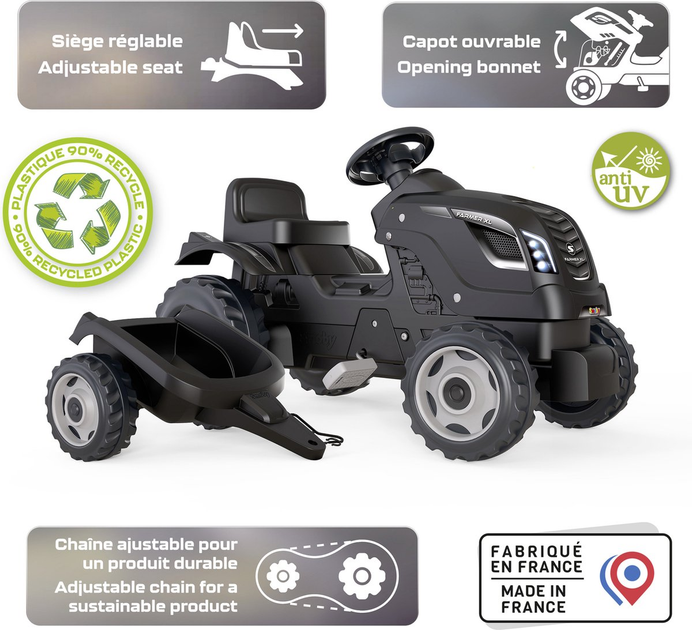 Трактор на педалях Smoby Farmer XL з причепом Чорний 710131 (3032167101310) - зображення 3