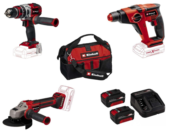 Набор аккумуляторных инструментов EINHELL TK 18/3 Li (CD+AG+HD+2 Battery+Bag) : с АКБ 2шт-18V 3.0Ач+ЗП - Фото 1 Набор аккумуляторных инструментов EINHELL TK 18/3 Li (CD+AG+HD+2 Battery+Bag) : с АКБ 2шт-18V 3.0Ач+ЗП - изображение 1