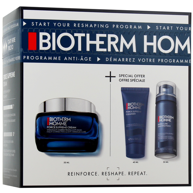 Набір по догляду за обличчям для чоловіків Biotherm Homme Force Supreme Крем для обличчя 50 мл + Піна для гоління 50 мл + Гель для вмивання 40 мл (3614274484793) - зображення 1