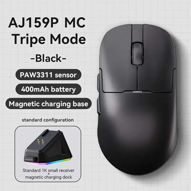 Мышь игровая Ajazz AJ159P MC 12000DPI/PAW3311/Wireless/Bluetooth Черная - изображение 3