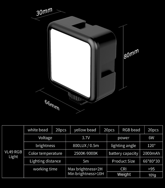 Накамерный свет Ulanzi VL49 RGB 2500-9000K - Фото 3 Накамерный свет Ulanzi VL49 RGB 2500-9000K - изображение 3