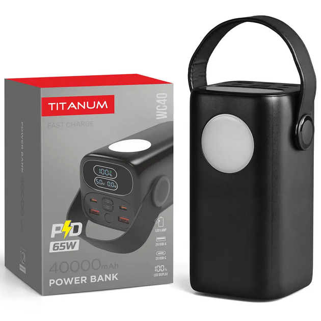 Повербанк 40000mAh з швидкою зарядкою PD65W TITANUM WC40 |2USB+2Type-C| Чорний (TPB-WC40-B) - Фото 1 Повербанк 40000mAh з швидкою зарядкою PD65W TITANUM WC40 |2USB+2Type-C| Чорний (TPB-WC40-B) - зображення 1