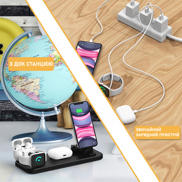 Беспроводная зарядная док-станция 6в1 D6 Wireless Charger GTM универсальна для iPhone, Android, Apple Watch, ApplePods, AirPods, Samsung и всех телефонов, наушников, смарт-часов с функцией беспроводной зарядки Qi - изображение 2