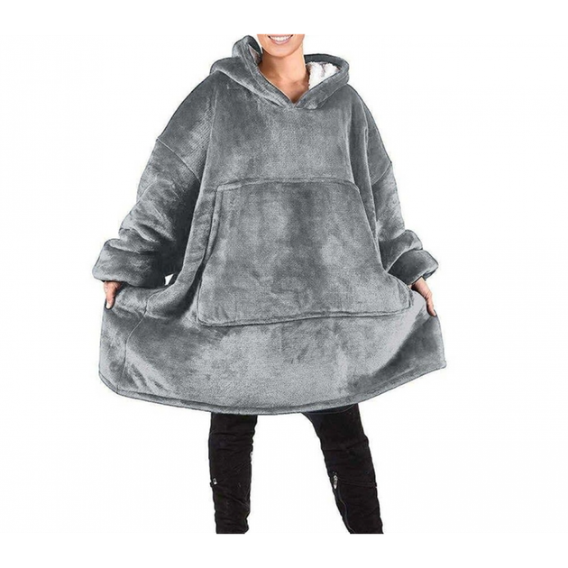 Плед Huggle Hoodie худи с капюшоном 80*100 см толстовка кофта оверсайз мягкий флисовый с рукавами для дома серый XL - изображение 3