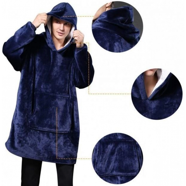 Плед Huggle Hoodie худи с капюшоном 80*100 см толстовка кофта оверсайз мягкий флисовый с рукавами для дома синий XL - изображение 4