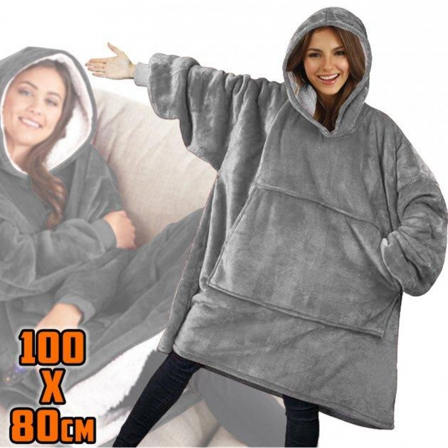 Плед Huggle Hoodie худи с капюшоном 80*100 см толстовка кофта оверсайз мягкий флисовый с рукавами для дома серый XL - изображение 4