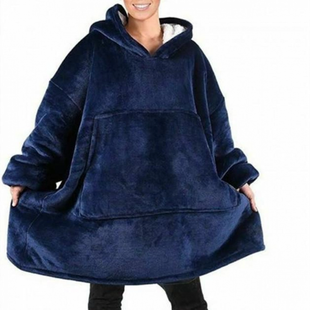 Плед Huggle Hoodie худи с капюшоном 80*100 см толстовка кофта оверсайз мягкий флисовый с рукавами для дома синий XL - изображение 5
