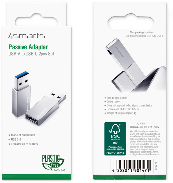 Adapter 4smarts USB Type-A 3.0 - USB Type-C 2pcs. Silver (4252011904471) - obraz 6