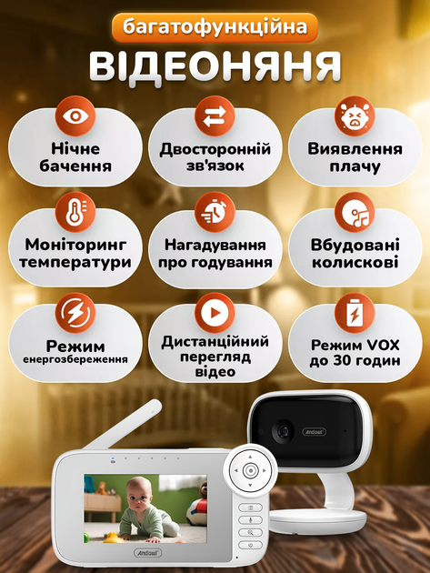Видеоняня беспроводная радионяня с двусторонней связью Andowl Q-A009X1 видеонаблюдение в детскую с портативным дисплеем 4.5 дюйма радио няня с ночным видением колыбельными и экраном радионяни видеоняни беспроводные видео няни - изображение 2