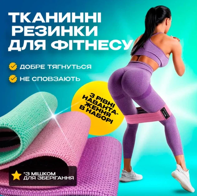 Набір гумок для фітнесу та спорту 3 шт Fitness LT7774 тканинні еластичні еспандери для тренування - зображення 2