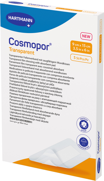 Пов'язка плівкова Hartmann прозора з абсорбівною подушечкою Cosmopor Transparent 9 см x 15 см 5 шт (9010540) - зображення 1
