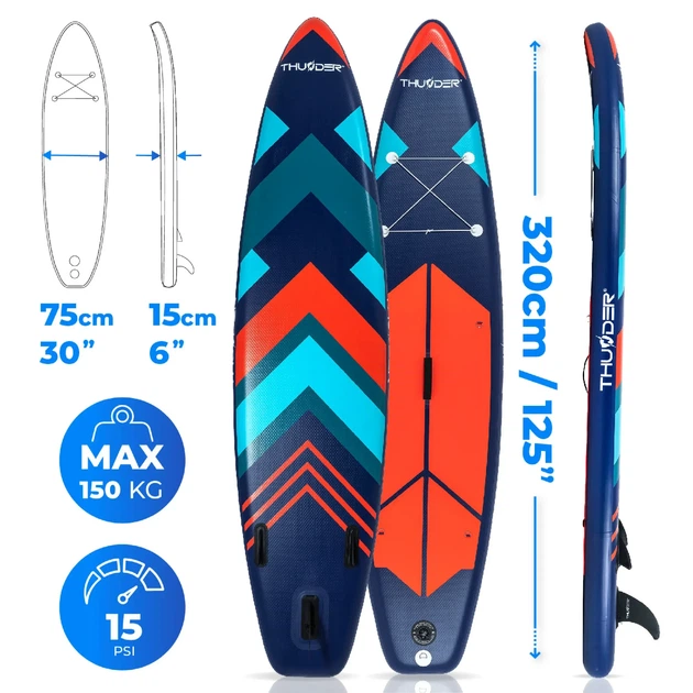 Надувная SUP-доска THUNDER STRIPES 320 см, EVA/ПВХ, стекловолокно, нагрузка до 150 кг, насос до 15 PSI, сиденье для каяка, багажник, 3 плавника(ISL_32F807CE95BC) - Фото 4 Надувная SUP-доска THUNDER STRIPES 320 см, EVA/ПВХ, стекловолокно, нагрузка до 150 кг, насос до 15 PSI, сиденье для каяка, багажник, 3 плавника(ISL_32F807CE95BC) - изображение 4