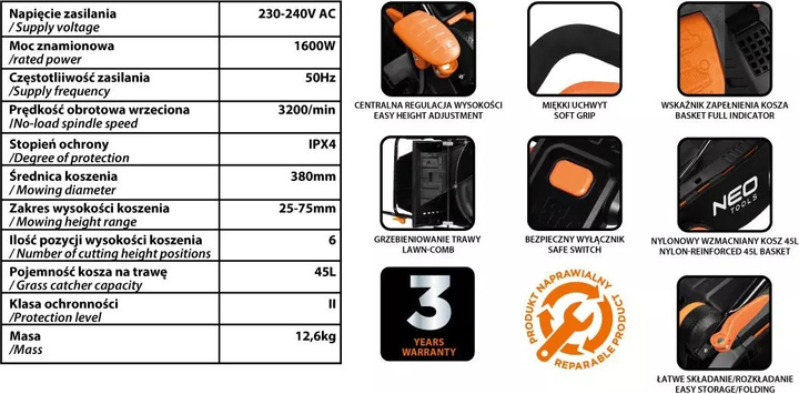 Газонокосарка акумуляторна NEO Tools 1600 Вт 380 мм 04-628 (5907558477931) - зображення 14