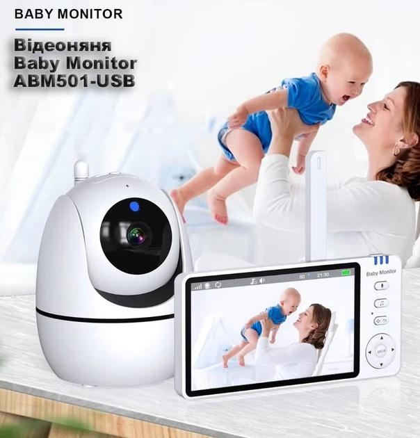 Видеоняня Baby Monitor ABM501-USB с 5-дюймовым LCD монитором+гибкое крепление, датчиком звука, ночное виденье, беспроводная, поворотная радионяня, измерение температуры - изображение 2