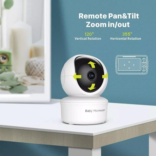 Видеоняня Baby Monitor SM-650 + прищепка-держатель камеры, 5-дюймовый ЖК-монитор, поворотный дисплей, датчик звука, ночное виденье, беспроводная, поворотная радионяня, измерение температуры - изображение 2