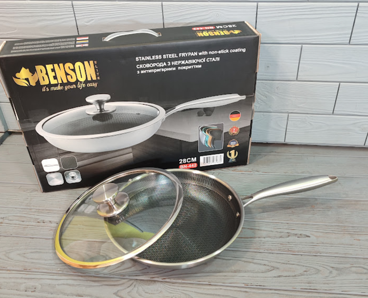 Cковорода з нержавіючої сталі Benson Premium BN-442 професійна 28см 2,8л - зображення 4