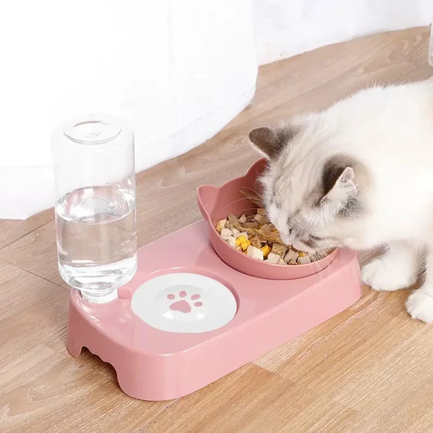 Автоматична поїлка та годівниця 2в1 для тварин собак і котів 550мл Рожева - зображення 3
