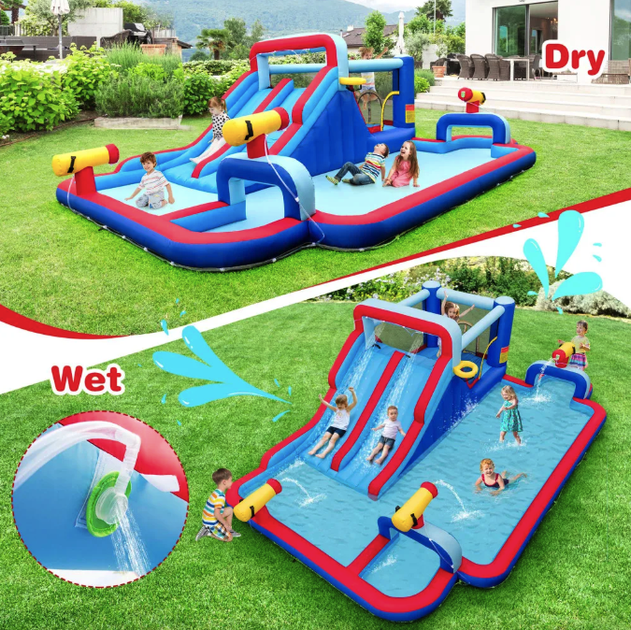 Надувний аквапарк Costway Fun Kids 6-в-1: гірка, басейн, скеледром, водяні гармати, батут, без вентилятора - зображення 12