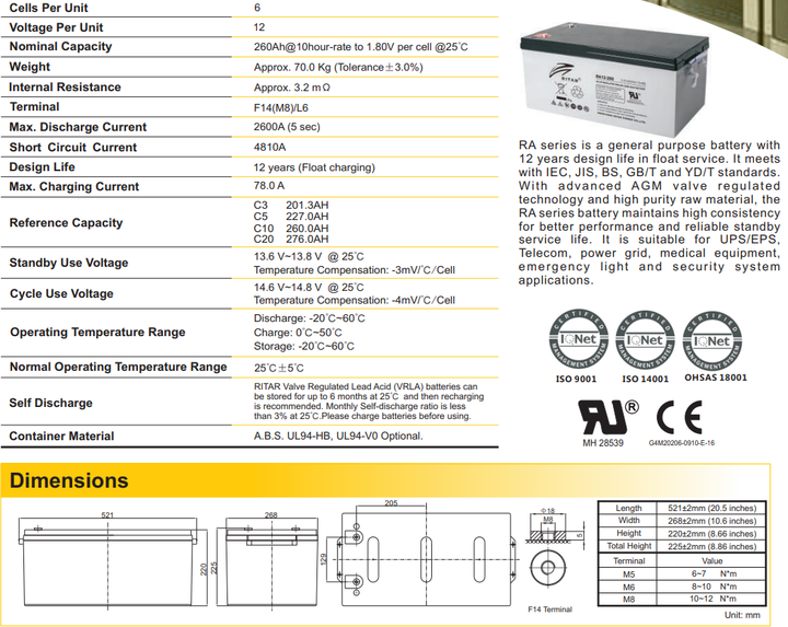 Акумулятор AGM RITAR RA12-260 - зображення 3