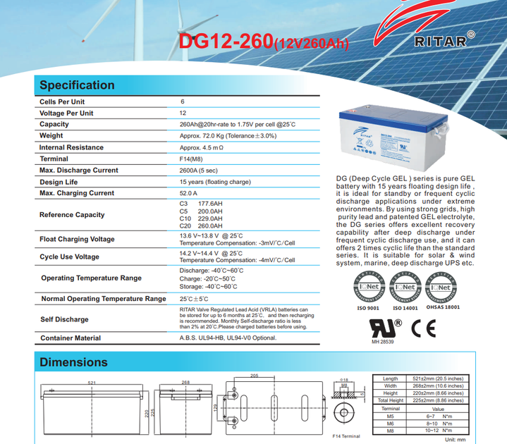 Аккумулятор GEL RITAR DG12-260 - Фото 2 Аккумулятор GEL RITAR DG12-260 - изображение 2