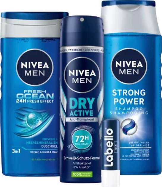 Zestaw dla mężczyzn Nivea Men Strong Power Żel pod prysznic Freash Ocean 250 ml + Szampon Strong Power 400 ml + Balsam do ust Labello 5.5 ml + Dezodorant w sprayu Dry Frash 150 ml (4006000036113) - obraz 3