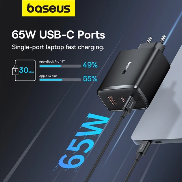 Сітчастий зарядний пристрій Baseus Cube Pro Fast Charger 2C+U 65W EU Cluster Black (P10152301113-00) - зображення 10