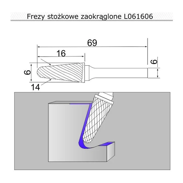 Борфреза конус скругленный L 6х16х6х69мм, 14° - изображение 2