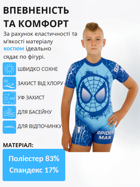 Костюм купальний сонцезахисний для хлопчиків суцільний з шапочкою SP-Sport Spider Man SY669-20 розмір L, вік 4-6 років, зріст 110-122см (поліестер, спандекс, синій з блакитним) - Фото 2 Костюм купальний сонцезахисний для хлопчиків суцільний з шапочкою SP-Sport Spider Man SY669-20 розмір L, вік 4-6 років, зріст 110-122см (поліестер, спандекс, синій з блакитним) - изображение 2