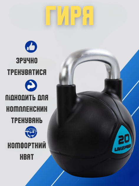 Гиря PU с хромированной ручкой LiveUp LP8040-20 20кг (черный) - Фото 2 Гиря PU с хромированной ручкой LiveUp LP8040-20 20кг (черный) - изображение 2