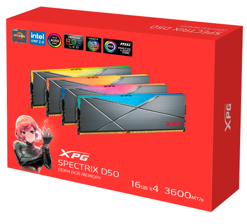 Память 16Gb x 4 (64Gb Kit) DDR4, 3600 MHz, ADATA XPG Spectrix D50, Black, 18-22-22, 1.35V, с радиатором (AX4U360016G18I-QCTG50) - изображение 5