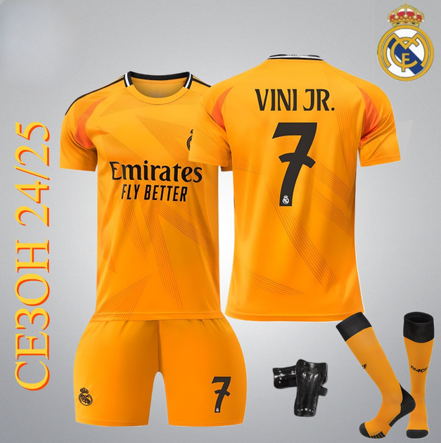 Футбольна форма Real Madrid VINI JN. (Вінісіус Жуніор) 7, сезон 24/25 з гетрами (розмір 34-38) та щитками, розмір 22 на зріст 125-130 см, помаранчева - Фото 1 Футбольна форма Real Madrid VINI JN. (Вінісіус Жуніор) 7, сезон 24/25 з гетрами (розмір 34-38) та щитками, розмір 22 на зріст 125-130 см, помаранчева - зображення 1