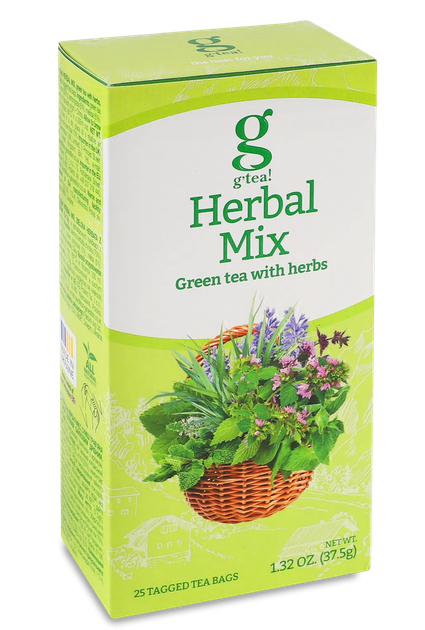 Зеленый чай c мятой, мелиссой и лемонграссом g'tea Herbal Mix с натуральными травами 25 пакетиков - Фото 1 Зеленый чай c мятой, мелиссой и лемонграссом g'tea Herbal Mix с натуральными травами 25 пакетиков - изображение 1