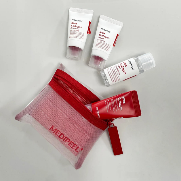 Zestaw do pielęgnacji twarzy MediPeel Red Lacto Collagen Toner 30 ml + Krem do twarzy 15 ml + Serum 15 ml + Maska 15 ml + Kosmetyczka (8809941823035) - obraz 3