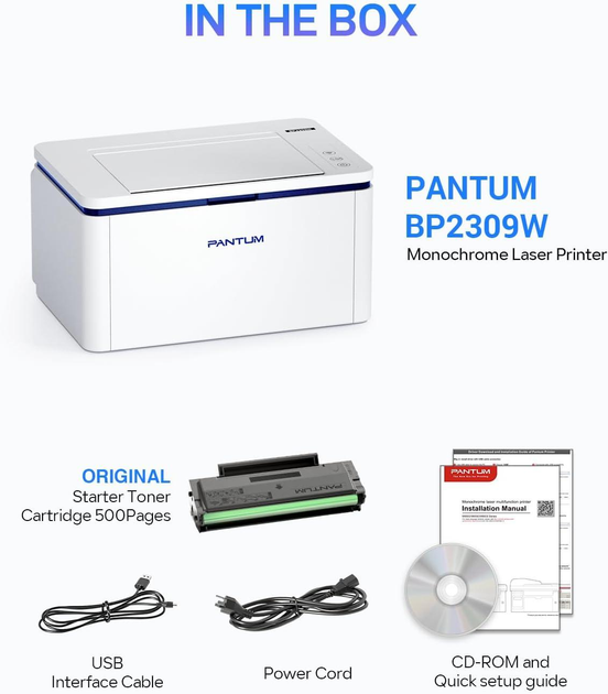Чорно-білий лазерний принтер PANTUM BP2309W Bluetooth, USB, Wi-Fi, Airprint, компактний портативний міні-принтер із однією функцією для дому та малого офісуй, 20 стор./хв. Колір - Білий - зображення 7