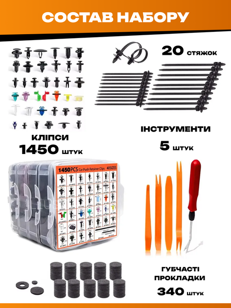 Набір 40 видів 1450 шт + 365 додаткових елементів пластикових автомобільних затискачів, кліпс, фіксаторів, заклепок, кріплень 3DTOYSLAMP - зображення 5