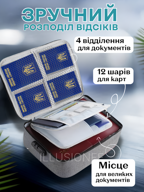 Органайзер дорожній 3DTOYSLAMP стильна сумка A4 STANDARD 37×27×11 см діловий кейс із кодовим замком відділеннями для документів паспортів банківських карт файлів аксесуарів дрібної електроніки для подорожей відряджень преміум подарунок cірий - зображення 3