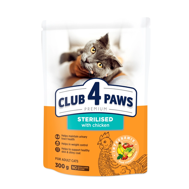 Сухой корм для стерилизованных котов Club 4 Paws Sterilized с курицей 300 г B4610711 - Фото 1 Сухой корм для стерилизованных котов Club 4 Paws Sterilized с курицей 300 г B4610711 - изображение 1
