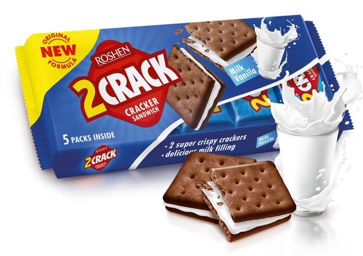 Упаковка крекеру Roshen 2 Crack з молочно-ванільною начинкою 235 г