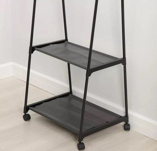 Стойка вешалка для одежды и обуви Coat Rack TW-777 new напольная стальная с полками, на колесах Black - Фото 3 Стойка вешалка для одежды и обуви Coat Rack TW-777 new напольная стальная с полками, на колесах Black - изображение 3
