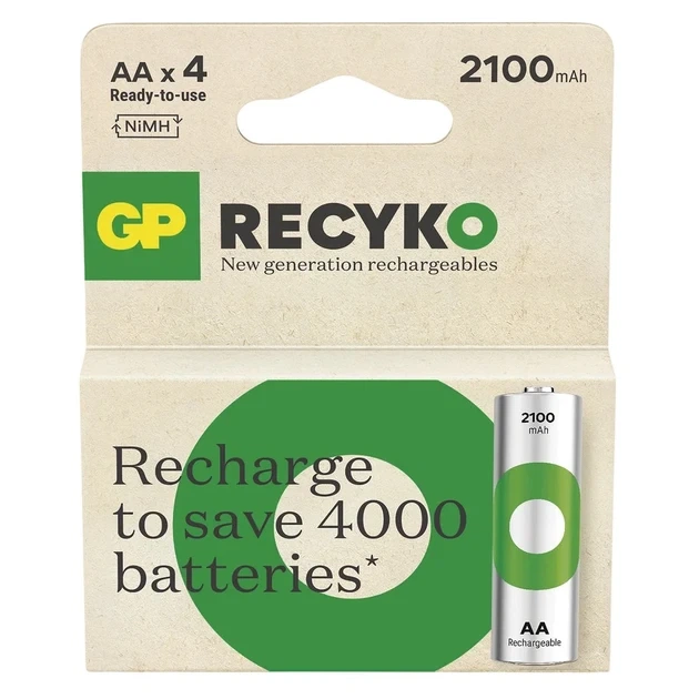 Аккумулятор GP Recyko 2100 Eco, AA, 2100mAh, 6A, Ni-MH 1,2V, Еко Box 4шт - Фото 1 Аккумулятор GP Recyko 2100 Eco, AA, 2100mAh, 6A, Ni-MH 1,2V, Еко Box 4шт - изображение 1