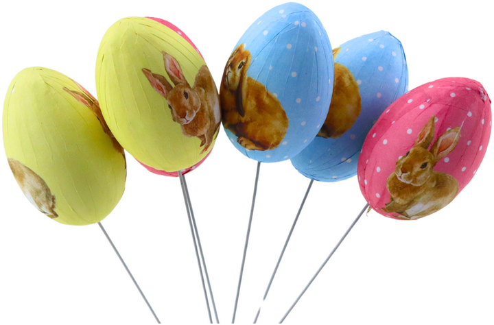 Zestaw dekoracyjnych jajek wielkanocnych Lean Toys na druciku Wielokolorowe z króliczkami 6 szt (21309) (5905991037422) - obraz 1