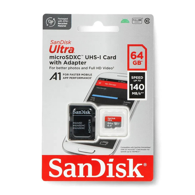 Карта пам'яті microSDXC (UHS-1) SanDisk Ultra 64Gb class 10 A1 (140Mb/s) (adapter SD) Imaging Packaging (SDSQUAB-064G-GN6IA) - изображение 2