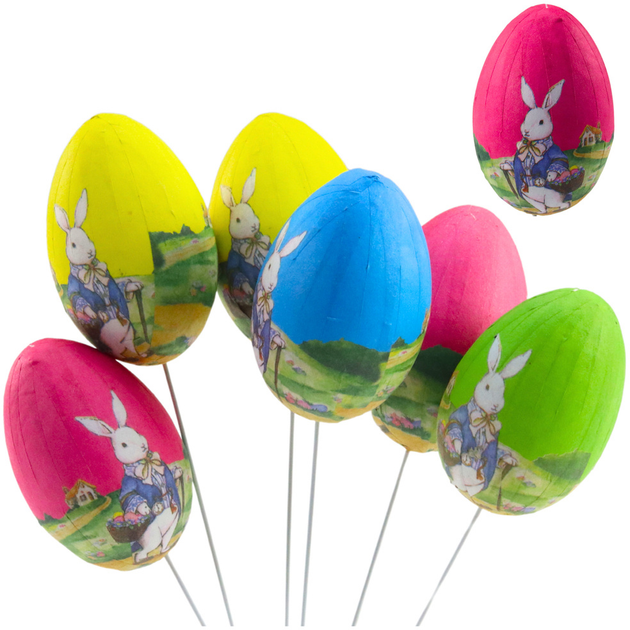 Zestaw dekoracyjnych jajek wielkanocnych Lean Toys na druciku Wielokolorowe królik z koszykiem 6 szt (21310) (5905991037439) - obraz 2