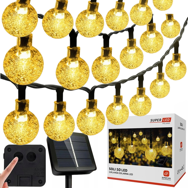Солнечная гирлянда 50 LED-шариков, SuperLED Soli — длина 9.5 м, теплый белый свет, IP65, датчик сумерков, 5284 - Фото 1 Солнечная гирлянда 50 LED-шариков, SuperLED Soli — длина 9.5 м, теплый белый свет, IP65, датчик сумерков, 5284 - изображение 1
