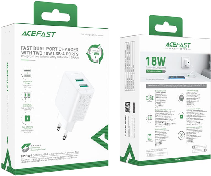 Ładowarka sieciowa Acefast A33 QC18W (USB-A+USB-A) Dual Port Charger White (AFA33W) - obraz 2