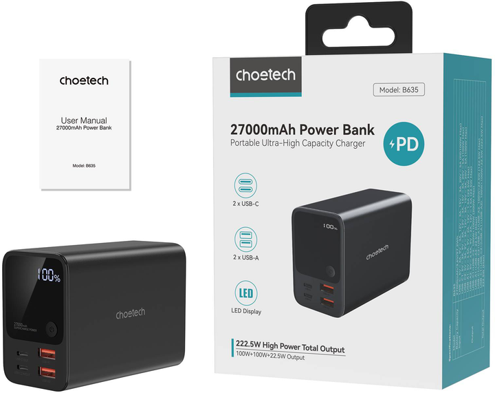 Powerbank Choetech 27000mAh 222.5W 2xUSB-C PD3.0 100+100W 2xUSB-A QC3.0 22W Black (B635-BK) - obraz 10