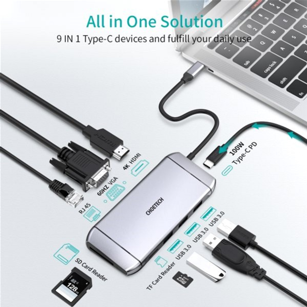 Stacja dokująca Choetech USB-C 9-w-1 (HUB-M15-GY) - obraz 3
